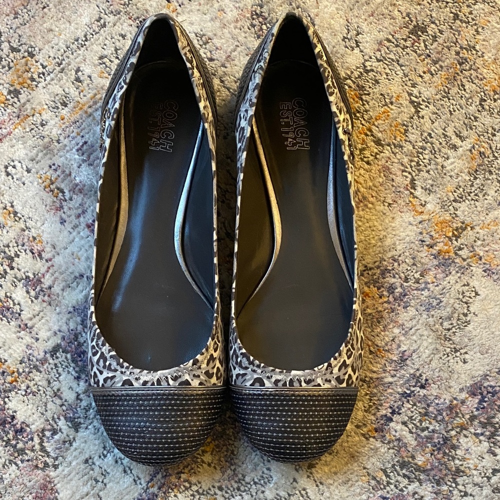 Coach Leopard Print Ballet Flats with Gray Textured Sequin Cap Toe
